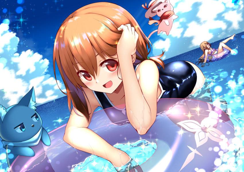 2girls adjusting_hair bikini brown_eyes brown_hair cat closed_eyes clouds hat long_hair mahcdai multiple_girls muna_dinail ocean one-piece_swimsuit open_mouth original partially_submerged ponytail rum_ialis scarf sky smile sun_hat swimsuit water