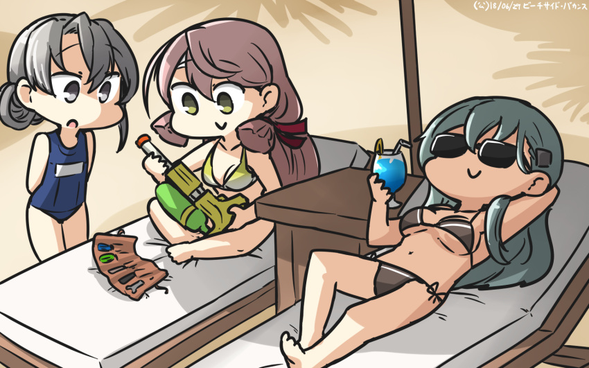 3girls akashi_(kantai_collection) beach bikini commentary cup dated drink drinking_glass green_hair hamu_koutarou highres holding holding_drinking_glass kantai_collection long_hair lying multiple_girls nowaki_(kantai_collection) on_back one-piece_swimsuit open_mouth pink_hair recliner school_swimsuit silver_hair sitting smile sunglasses suzuya_(kantai_collection) swimsuit tools water_gun