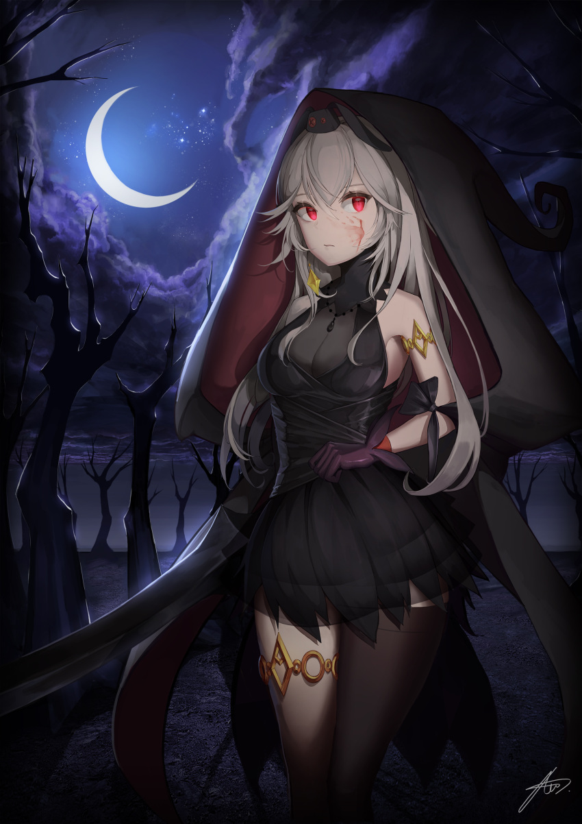 1girl absurdres asymmetrical_legwear bangs bare_shoulders black_legwear breasts clouds crescent_moon dress eirudy gloves gstiyl highres long_hair looking_at_viewer medium_breasts moon moonlight night night_sky red_eyes scenery silver_hair single_thighhigh sky sleeveless sleeveless_dress solo standing star thigh-highs thighlet witch_springs