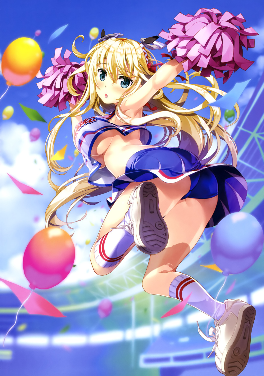 1girl :o absurdres airborne armpits arms_up ass balloon blonde_hair blue_buruma blue_eyes blue_skirt blue_sky blush bow breasts buruma buruma_under_skirt cheerleader clothes_writing day dress embarrassed eyebrows_visible_through_hair fujima_takuya hair_between_eyes hair_bow hairband highres jumping kneehighs large_breasts long_hair looking_at_viewer midriff no_bra official_art open_mouth pink_pom_poms pom_poms print_shirt print_skirt red_bow red_hairband red_stripes rigel_(z/x) scan shirt shoes skindentation skirt sky sleeveless sleeveless_dress sneakers solo stadium striped striped_legwear tongue under_boob white_footwear white_legwear white_shirt z/x