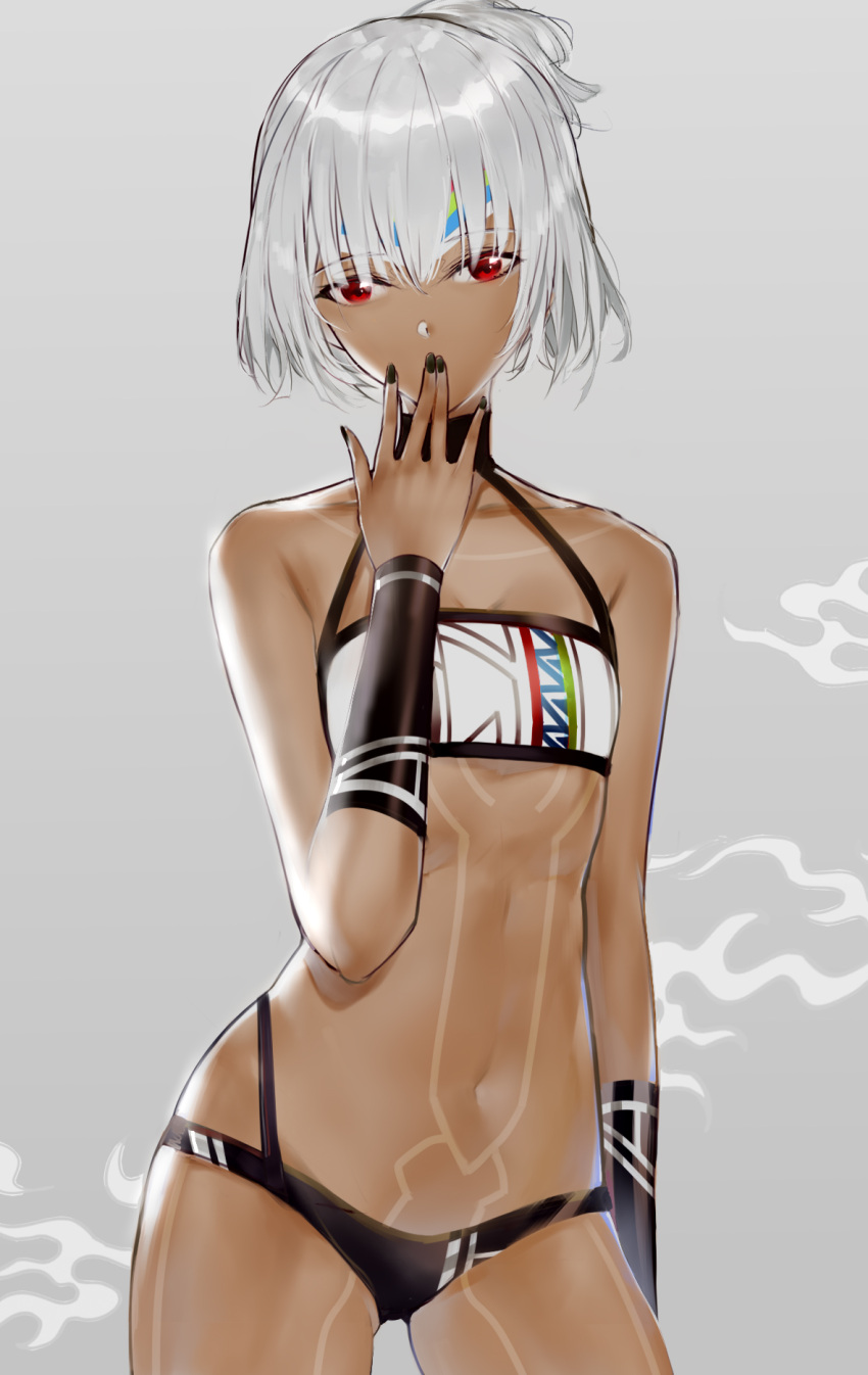 1girl altera_(fate) bandeau bangs bare_shoulders black_nails black_panties bracer breasts cleavage collarbone contrapposto covering_mouth dark_skin expressionless eyebrows_visible_through_hair fate/extella fate/extra fate_(series) full_body_tattoo grey_background grey_hair half-closed_eyes halter_top halterneck hand_up headband highres horz leg_tattoo legs_apart looking_at_viewer midriff nail_polish navel panties red_eyes shiny shiny_hair short_hair small_breasts solo standing stomach stomach_tattoo tattoo underwear white_bandeau
