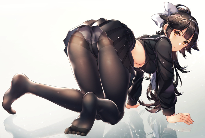 1girl all_fours animal_ears ass azur_lane bangs black_hair black_legwear black_serafuku black_skirt blush bow breasts brown_legwear closed_mouth collarbone crop_top crop_top_overhang crotch_seam dog_ears eyebrows_visible_through_hair feet from_behind grey_background hair_ears hair_flaps hairband kitazume_kumie large_breasts light_particles long_hair long_sleeves looking_at_viewer looking_back midriff miniskirt navel neckerchief no_bra no_shoes panties panties_under_pantyhose pantyhose pleated_skirt ponytail reflection school_uniform serafuku shiny shiny_skin sidelocks simple_background skirt solo takao_(azur_lane) thighband_pantyhose thighs under_boob underwear very_long_hair white_bow white_hairband white_neckwear white_panties yellow_eyes