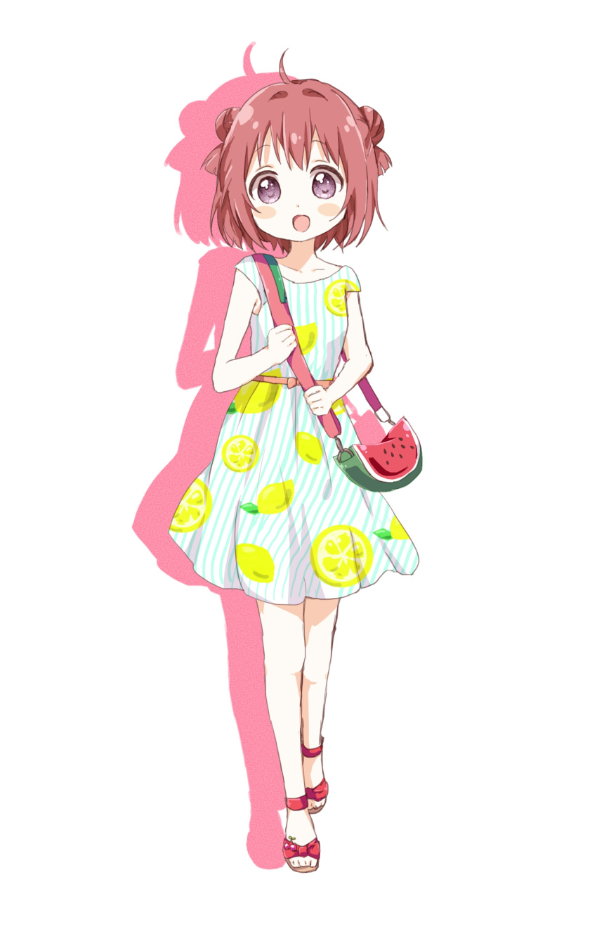 1girl ahoge akaza_akari bag food fruit highres lemon long_skirt mearian redhead short_hair skirt smile solo standing violet_eyes watermelon yuru_yuri