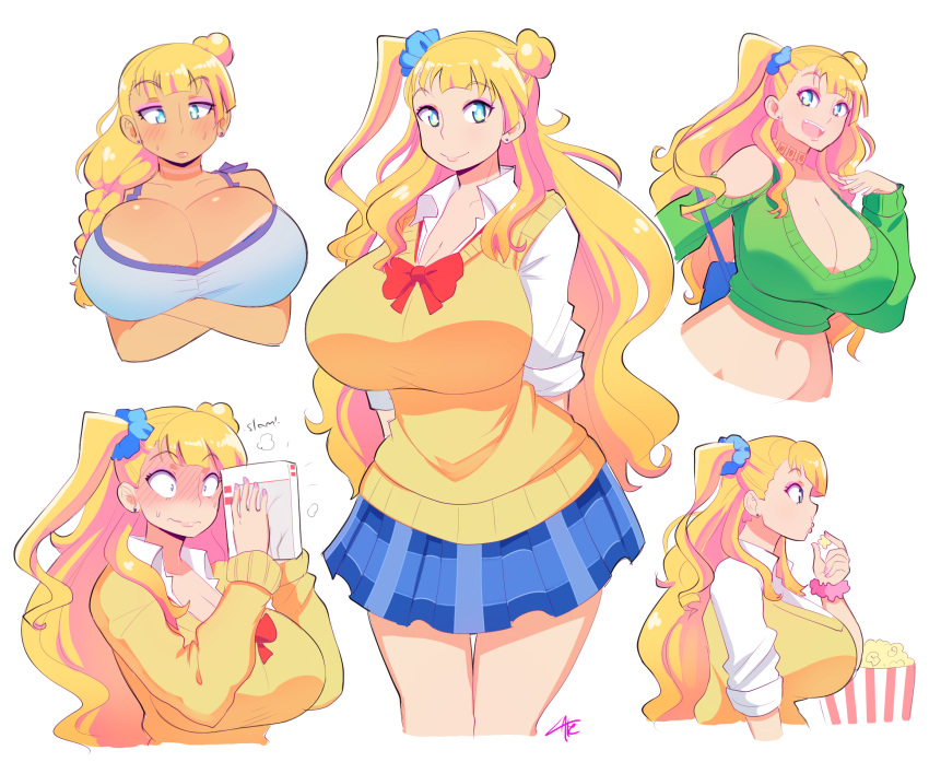 1girl arms_behind_back blonde_hair blue_eyes blush breasts cleavage commentary crossed_arms earrings food full-face_blush galko hair_ornament hair_scrunchie highres huge_breasts jewelry long_hair looking_at_viewer midriff multiple_views necklace open_mouth oshiete!_galko-chan plaid plaid_skirt popcorn school_uniform scrunchie side_ponytail signature simple_background skirt smile solo tan tanline theycallhimcake thighs very_long_hair white_background