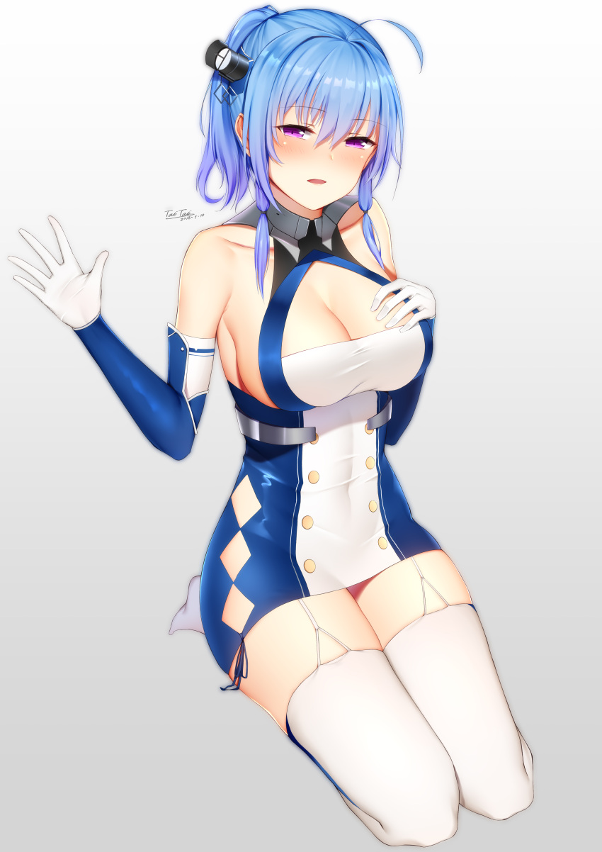 1girl :d abcfj1739839210 absurdres ahoge armpit_crease azur_lane bare_shoulders blue_hair blush breasts buttons chinese_commentary cleavage collarbone commentary_request covered_navel dated detached_sleeves diamond_(shape) dress eyebrows_visible_through_hair full_body garter_straps gloves gradient gradient_background hair_between_eyes hair_ornament hand_on_own_chest hands_up highres large_breasts long_hair looking_at_viewer open_mouth searchlight seiza shiny shiny_hair short_dress side_ponytail sideboob sidelocks signature simple_background sitting smile solo st._louis_(azur_lane) taut_clothes taut_dress thigh-highs violet_eyes white_gloves white_legwear zettai_ryouiki