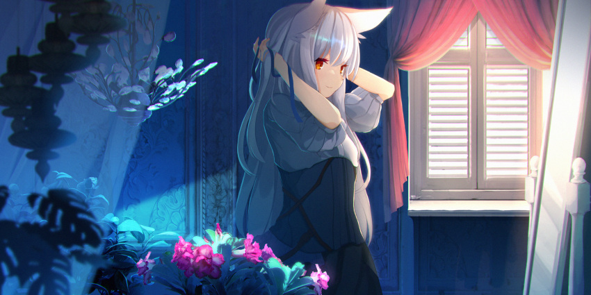 1girl absurdres animal_ears blue_ribbon closed_mouth fantasy grey_hair highres indoors long_hair looking_at_viewer original puffy_short_sleeves puffy_sleeves red_eyes ribbon sagiri_(ulpha220) short_sleeves smile solo very_long_hair window