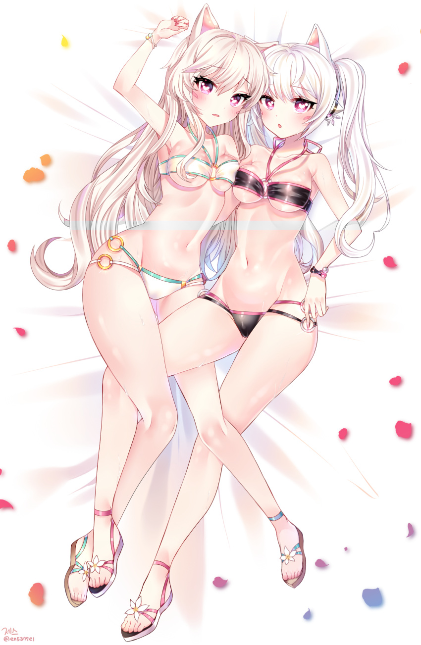 2girls animal_ears arm_up armpits bed_sheet bikini black_bikini blush bracelet breasts cat_ears character_request cleavage collarbone elsword eve_(elsword) eyebrows_visible_through_hair from_above full_body groin hair_between_eyes heart heart-shaped_pupils highres jewelry long_hair looking_at_viewer lying medium_breasts multi-strapped_bikini multiple_girls navel o-ring o-ring_bikini on_back open_mouth petals pink_eyes silver_hair swimsuit symbol-shaped_pupils twintails under_boob very_long_hair white_bikini xes_(xes_5377)