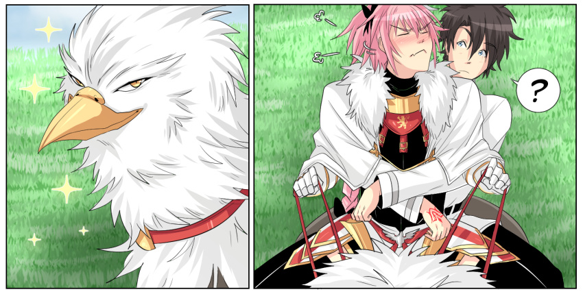 ... 2boys armor astolfo_(fate) bangs black_bow black_hair black_pants blair_(touya1) blue_eyes blush bow braid chaldea_uniform closed_eyes closed_mouth collar colored comic commentary creature english english_commentary eyebrows_visible_through_hair fang fate/grand_order fate_(series) feathers fujimaru_ritsuka_(male) fur_trim garter_straps gauntlets grass griffin hair_bow hair_ribbon hippogriff hug hug_from_behind leash long_hair long_sleeves multicolored_hair multiple_boys otoko_no_ko outdoors pants pink_hair ribbon riding short_hair single_braid sky smile sparkle spoken_ellipsis thigh-highs yellow_eyes zettai_ryouiki