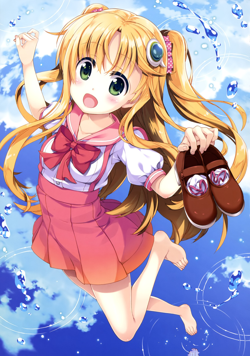 1girl :d absurdres airborne arms_up barefoot blonde_hair blue_sky blush body_blush bow bowtie breasts brown_footwear clouds cloudy_sky collarbone copyright_request day eyebrows_visible_through_hair footwear_removed fujima_takuya green_eyes hair_ornament_request hair_ribbon high-waist_skirt highres holding_footwear jumping leg_up legwear_removed long_hair looking_at_viewer mary_janes medium_breasts nail_polish official_art open_mouth outdoors pink_lips pink_nails pink_neckwear pink_ribbon pink_sailor_collar pink_skirt pleated_skirt polka_dot_ribbon puffy_short_sleeves puffy_sleeves reflection ribbon sailor_collar scan school_uniform shirt shoes short_sleeves skirt sky smile socks solo suspenders tongue two_side_up water white_legwear white_polka_dots white_shirt