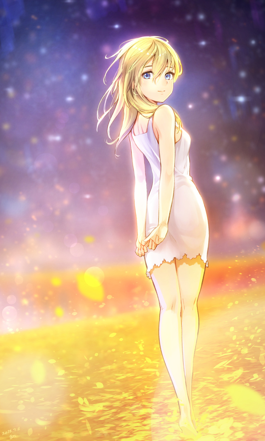 1girl 2018 absurdres arms_behind_back bangs bare_arms bare_shoulders blonde_hair blue_eyes closed_mouth dated dress from_behind gogo_(detteiu_de) hair_between_eyes hair_over_shoulder highres kingdom_hearts long_hair looking_at_viewer looking_back namine smile solo standing white_dress
