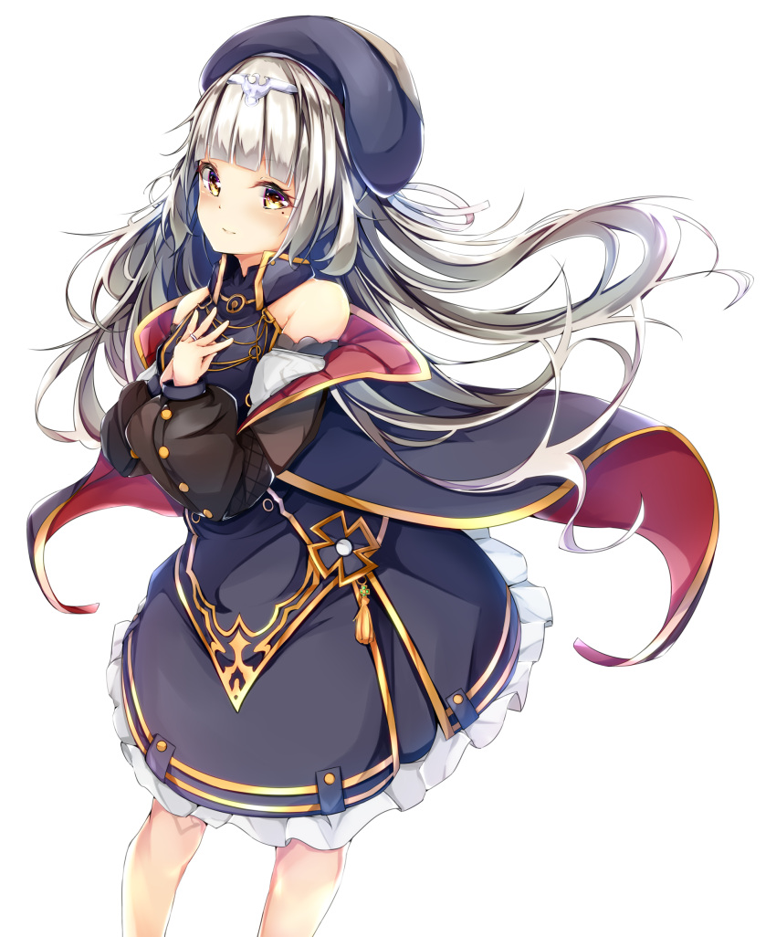 1girl absurdres azur_lane bare_shoulders beret blue_dress blue_hat blue_jacket blush brown_eyes closed_mouth commentary_request cucchiore dress frilled_dress frills hands_up hat headpiece highres iron_cross jacket jewelry long_hair long_sleeves looking_at_viewer mole mole_under_eye puffy_long_sleeves puffy_sleeves ribbon ring silver_hair simple_background sleeveless sleeveless_dress smile solo very_long_hair wedding_band white_background white_ribbon z46_(azur_lane)