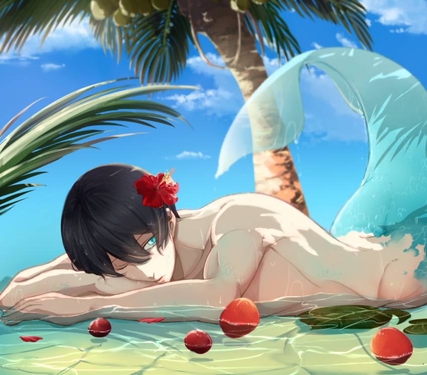 1boy beach black_hair blue_eyes fins flower free! hair_flower hair_ornament hibiscus lying male_focus merman monster_boy nanase_haruka_(free!) on_stomach one_eye_closed open_mouth palm_tree parted_lips petals solo tail tree water