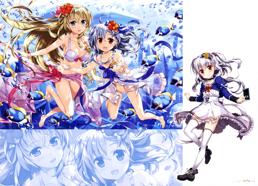 2girls :d absurdres ahoge bare_shoulders bikini black_footwear blonde_hair blue_bow blue_choker blue_eyes blue_jacket blush bow bow_bikini bow_skirt bowtie bracelet breasts bubble card choker cleavage collarbone cropped_jacket day dress english eyebrows_visible_through_hair fish fish_request flower flower_request food_themed_hair_ornament framed_image frilled_dress frilled_skirt frills fujima_takuya glowing hair_between_eyes hair_bow hair_flower hair_ornament highres holding holding_card jacket jewelry juliet_sleeves kagamihara_azumi large_breasts layered_skirt leg_up light_blue_hair long_sleeves looking_at_viewer multiple_girls navel official_art one_side_up open_clothes open_dress open_hands open_mouth orange_hair_ornament outdoors outstretched_hand page_number pearl_bracelet pink_bow pink_sarong print_dress print_sarong puffy_sleeves purple_stripe red_eyes red_flower red_neckwear rigel_(z/x) rose sarong scan seashell_bracelet shirt side-tie_bikini silver_hair simple_background single_stripe skindentation skirt small_breasts smile star striped_jacket submerged sunlight swimsuit thigh-highs tongue towel underwater underwater_city white_background white_bikini white_bow white_dress white_frills white_legwear white_shirt white_skirt white_stripes yellow_flower yellow_rose z/x zettai_ryouiki