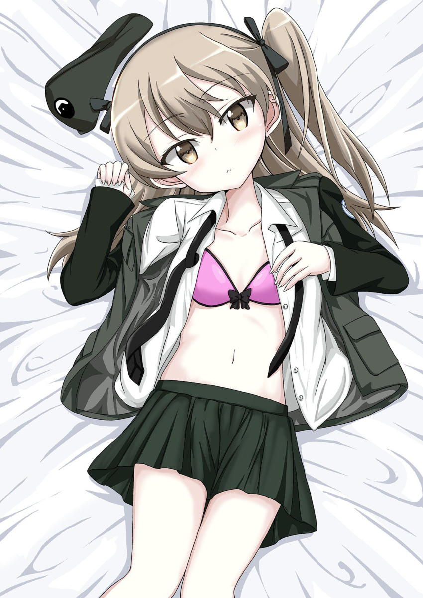 1girl bangs bed_sheet beret black_hat black_jacket black_neckwear black_ribbon black_skirt bra closed_mouth clothes_removed commentary_request dress_shirt emblem eyebrows_visible_through_hair from_above girls_und_panzer hair_ribbon hat head_tilt highres jacket japanese_tankery_league_(emblem) light_blush light_brown_eyes light_brown_hair long_hair long_sleeves looking_at_viewer lying military military_hat military_uniform miniskirt navel necktie on_back on_bed open_clothes open_jacket open_shirt pink_bra pleated_skirt ribbon selection_university_(emblem) selection_university_military_uniform shibagami shimada_arisu shirt side_ponytail skirt solo underwear undone_necktie uniform white_shirt