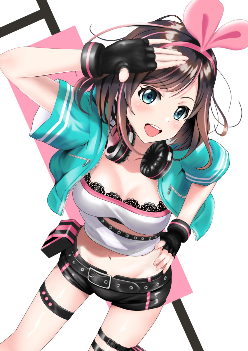 1girl :d a.i._channel aqua_eyes aqua_jacket arm_up asymmetrical_clothes bangs belt black_belt black_gloves black_shorts blush bob_cut breasts brown_hair cleavage collarbone commentary_request crop_top cropped_jacket dutch_angle eyebrows_visible_through_hair fingerless_gloves gibun_(sozoshu) gloves hairband hand_on_hip headphones headphones_around_neck highres holster hood hood_down hooded_jacket jacket kizuna_ai lace lace-trimmed_shirt large_breasts leaning_forward legs_apart looking_at_viewer loose_belt micro_shorts multicolored_hair navel open_clothes open_jacket open_mouth pink_hair pink_hairband round_teeth shiny shiny_hair shirt short_hair short_sleeves shorts smile solo standing stomach strapless streaked_hair swept_bangs teeth thigh_holster thigh_strap tubetop two-tone_hair unzipped virtual_youtuber white_shirt