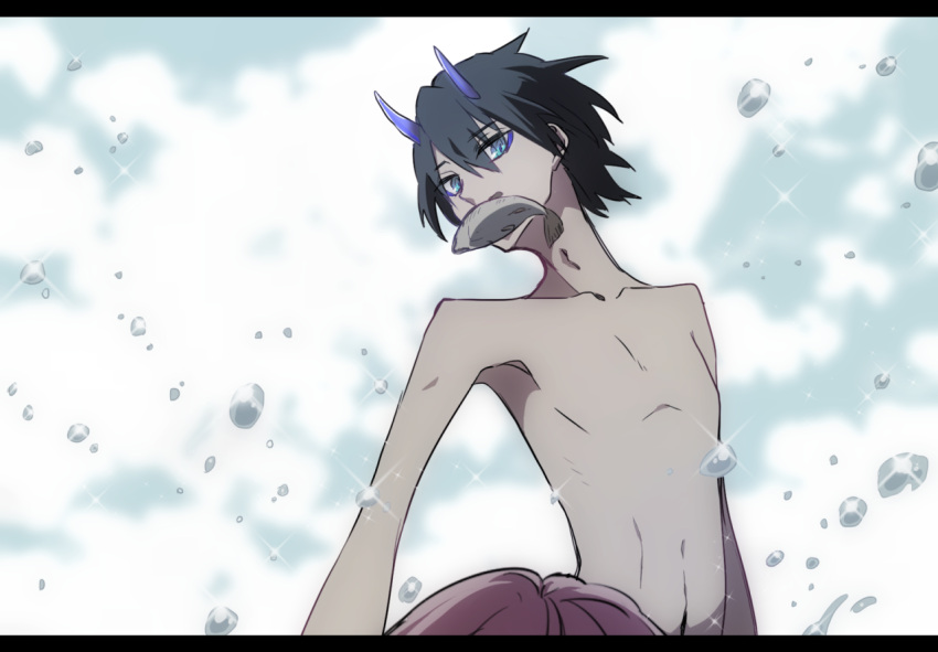 1boy bangs black_hair blue_eyes blue_horns blue_sky bubble clouds commentary_request darling_in_the_franxx day eyebrows_visible_through_hair fish fish_in_mouth hiro_(darling_in_the_franxx) horns letterboxed male_focus mii_yuu navel oni_horns role_reversal shirtless short_hair sky solo zero_two_(darling_in_the_franxx)