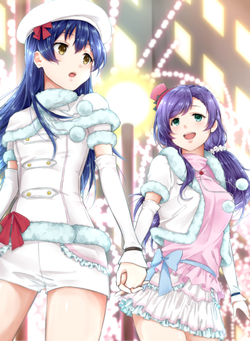 2girls bangs blue_hair blush commentary_request cowboy_shot detached_sleeves eyebrows_visible_through_hair fur_trim hair_between_eyes hand_holding hat highres interlocked_fingers long_hair love_live! love_live!_school_idol_project mjhsk146 multiple_girls open_mouth purple_hair shorts smile snow_halation sonoda_umi toujou_nozomi twintails yellow_eyes