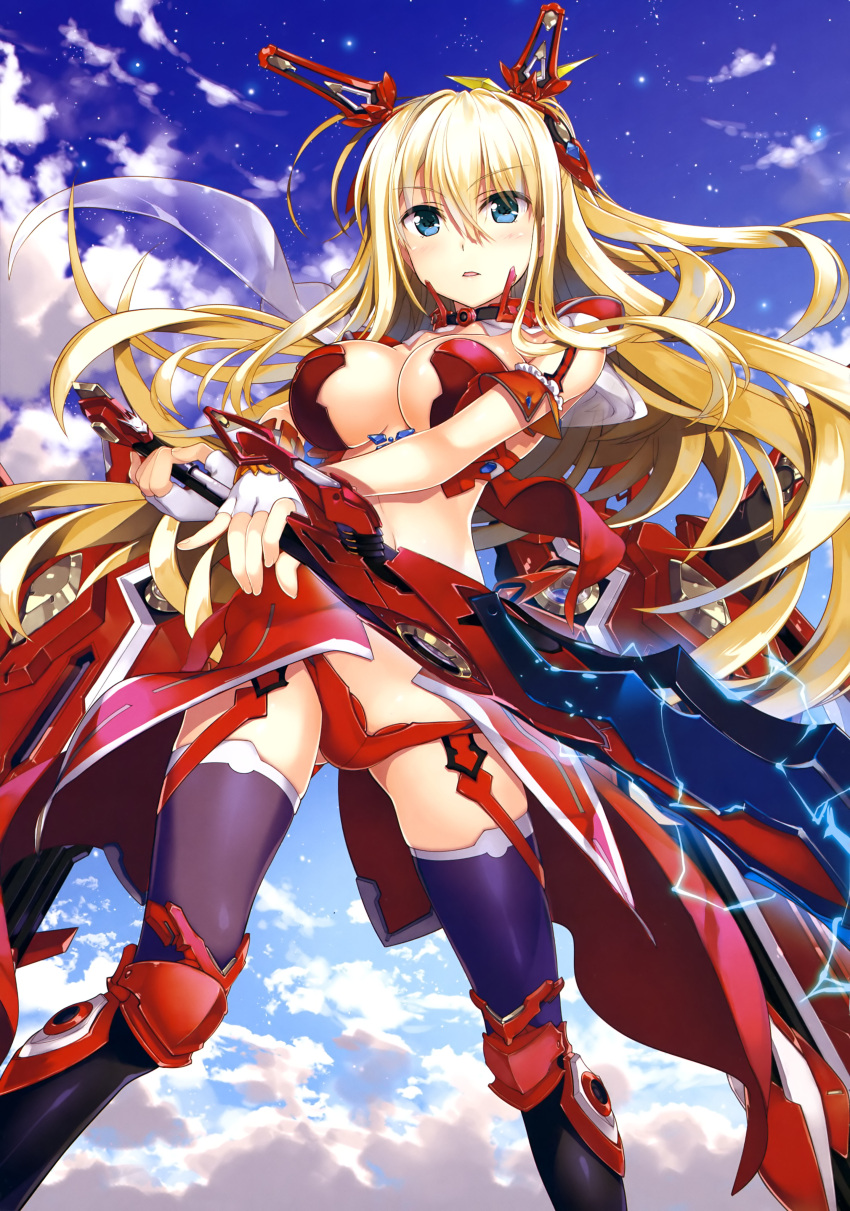 1girl above_clouds absurdres armor bikini bikini_armor black_legwear blonde_hair blue_eyes blue_sky blush breasts day electricity eyebrows_visible_through_hair fingerless_gloves fujima_takuya gloves gluteal_fold hair_between_eyes highres holding holding_sword holding_weapon large_breasts long_hair looking_at_viewer mecha_musume official_art outdoors overskirt parted_lips pigeon-toed pink_lips red_bikini red_skirt revealing_clothes rigel_(z/x) scan skindentation skirt sky solo star_(sky) starry_sky swimsuit sword thigh-highs tongue weapon white_gloves z/x