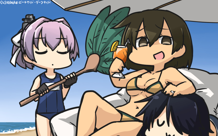 3girls :3 beach bikini black_gloves black_hair brown_hair closed_eyes commentary cup dated drink drinking_glass empty_eyes eyebrows_visible_through_hair fingerless_gloves gloves hair_between_eyes hamu_koutarou highres hiryuu_(kantai_collection) holding holding_drinking_glass jewelry kako_(kantai_collection) kantai_collection long_hair multiple_girls ocean one-piece_swimsuit open_mouth pink_hair ponytail remodel_(kantai_collection) ring school_swimsuit shiranui_(kantai_collection) short_hair smile swimsuit wedding_band yellow_bikini