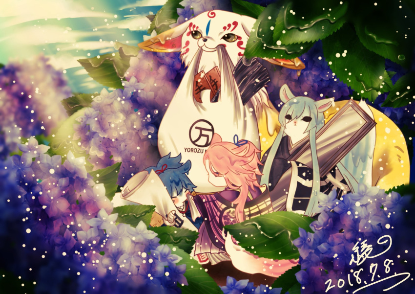 3others animalization aya320luv bag black_eyes blue_hair blue_ribbon blue_sky brown_eyes closed_eyes dated day flower highres kousetsu_samonji leaf multiple_others outdoors pink_hair red_ribbon ribbon sayo_samonji sky souza_samonji touken_ranbu wide_sleeves
