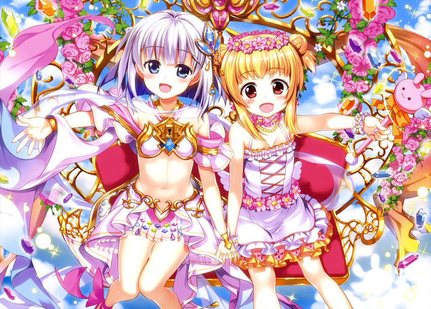 2girls :d above_clouds absurdres bare_shoulders blonde_hair blue_eyes blue_sky blush bracelet breasts cleavage collarbone copyright_request day double_bun dress earrings eyebrows_visible_through_hair eyes_visible_through_hair flower flower_necklace frilled_dress frills fujima_takuya gauntlets gem hair_ornament_request hand_holding head_wreath highres holding holding_staff interlocked_fingers jewelry keyhole knees_together_feet_apart layered_dress looking_at_viewer multiple_girls navel necklace official_art open_mouth outdoors outstretched_arm pearl_bracelet pink_earrings pink_flower pleated_skirt red_eyes revealing_clothes scan scrunchie short_hair silver_hair single_stripe sitting skirt sky sleeveless sleeveless_dress small_breasts smile staff tongue white_dress white_frills white_scrunchie white_skirt wrist_scrunchie yellow_frills yellow_stripe