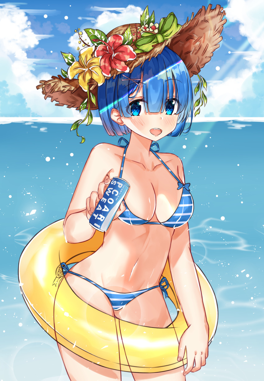 1girl :d absurdres arm_at_side bangs bare_shoulders beach bikini blue_eyes blue_hair blue_sky blush breasts can cleavage clouds collarbone cowboy_shot day eyebrows_visible_through_hair eyes_visible_through_hair fingernails flower green_ribbon groin hair_ornament hair_over_eyes halter_top halterneck hand_up hat hat_flower hat_ribbon hibiscus highres holding holding_can innertube leaf legs_apart lens_flare light_rays long_fingernails looking_at_viewer medium_breasts midriff nail_polish navel norazura ocean open_mouth outdoors pink_nails pocari_sweat re:zero_kara_hajimeru_isekai_seikatsu red_flower rem_(re:zero) ribbon short_hair sky smile solo standing stomach strap_gap straw_hat striped striped_bikini sun_hat sunbeam sunlight swimsuit x_hair_ornament yellow_flower