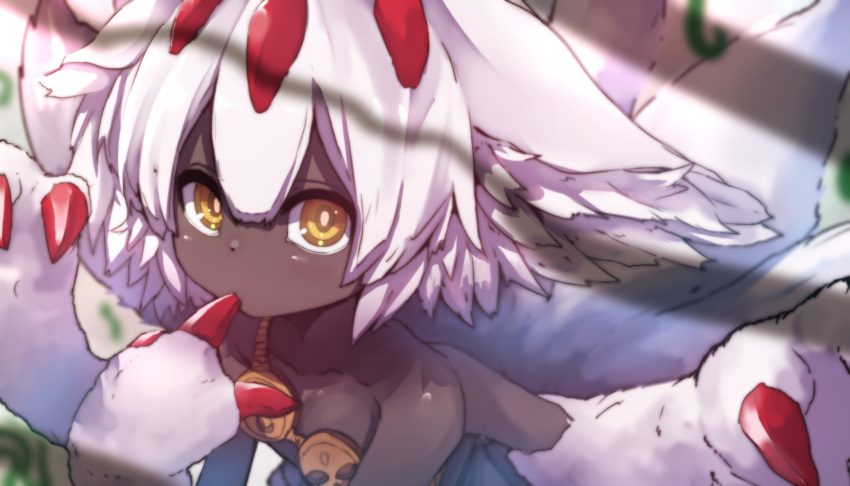 1girl absurdres bangs bare_shoulders brown_eyes claws closed_mouth collarbone commentary_request copyright_request dark_skin faputa finger_to_mouth hair_between_eyes highres looking_at_viewer made_in_abyss multiple_arms solo wada_kazu white_hair