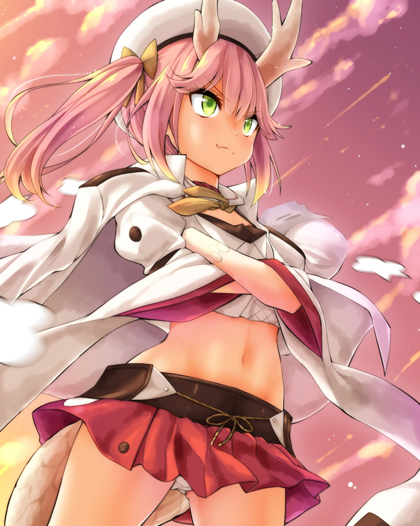 &gt;:) 1girl ass_visible_through_thighs azur_lane bangs beret blush closed_mouth clouds cloudy_sky commentary_request crossed_arms dragon_girl dragon_horns dragon_tail evening eyebrows_visible_through_hair fang fang_out green_eyes hair_between_eyes hat highres horns jacket jacket_on_shoulders juliet_sleeves long_sleeves midriff navel outdoors panties pink_hair pleated_skirt puffy_sleeves red_skirt ryuujou_(azur_lane) shirt skirt sky smile solo tail twintails underwear v-shaped_eyebrows watarui white_hat white_jacket white_panties white_shirt wide_sleeves