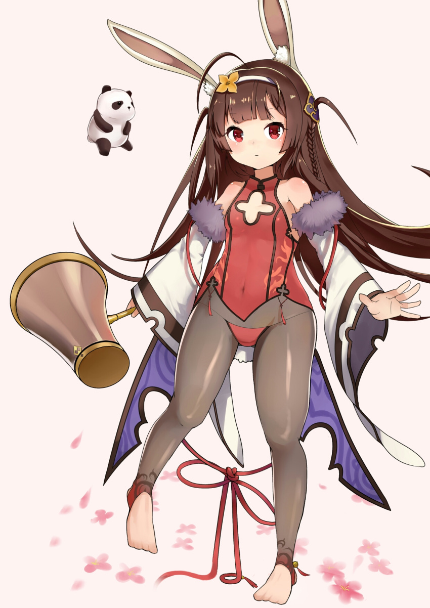 1girl ahoge animal_ears azur_lane barefoot black_legwear braid brown_hair commentary_request covered_navel detached_sleeves flower hair_flower hair_ornament hairband highres long_hair lowleg lowleg_panties mallet panda panties pantyhose ping_hai_(azur_lane) rabbit_ears red_eyes red_panties red_shirt shirt toeless_legwear underwear weapon