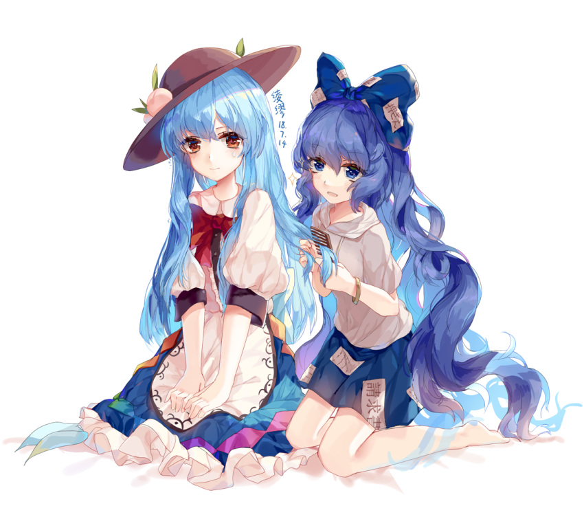 2girls artist_name aura bangs barefoot blue_bow blue_eyes blue_hair blue_skirt bow bracelet comb combing dated debt dress eyebrows_visible_through_hair food frilled_skirt frills fruit grey_hoodie hair_between_eyes hair_bow hands_in_hair hands_on_lap hat hinanawi_tenshi jewelry kneeling layered_dress leaf light_smile ling_mou long_hair looking_at_viewer multiple_girls open_mouth peach puffy_short_sleeves puffy_sleeves red_bow red_eyes short_sleeves simple_background single_tear sitting skirt sparkle touhou very_long_hair white_background yorigami_shion