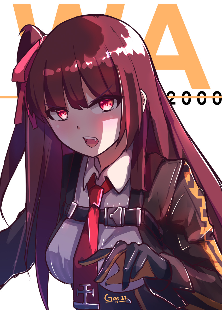 1girl absurdres bangs blazer blush breasts buckle character_name collared_shirt eyebrows_visible_through_hair fangs girls_frontline gloves hair_ribbon half_updo hands_up highres jacket large_breasts long_hair looking_at_viewer necktie one_side_up open_mouth purple_hair red_eyes red_neckwear ribbon shaded_face shirt signature simple_background solo strap tegar32 tsundere very_long_hair wa2000_(girls_frontline) white_background white_shirt