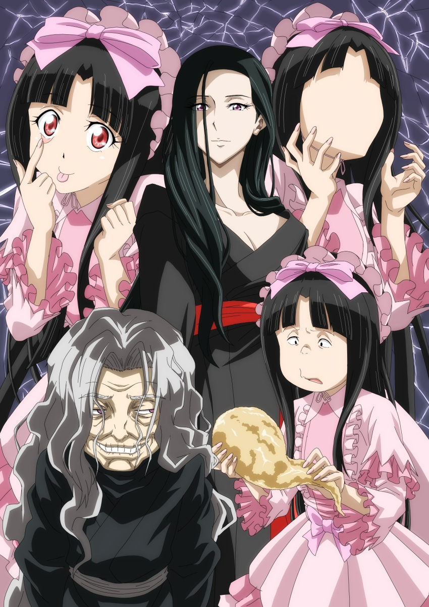 black_hair capelet faceless faceless_female fusano_kirara gegege_no_kitarou gothic_lolita hairband highres japanese_clothes kimono lolita_fashion long_hair long_sleeves mask nori_gutchin red_eyes tongue tongue_out zunbera