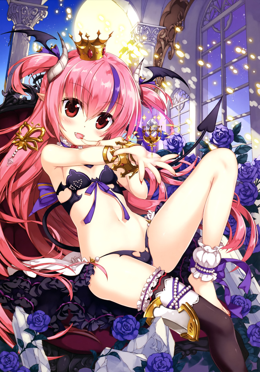 :d absurdres anklet armor armpits asymmetrical_legwear bandeau bare_shoulders black_bandeau black_cape black_frills black_legwear black_panties blue_flower blue_rose blush bracelet broken_pillar cape choker copyright_request crown demon_girl demon_horns demon_tail demon_wings eyebrows_visible_through_hair fangs finger_to_mouth fingernails fireflies flower flower_choker frilled_cape frilled_choker frilled_legwear frills fujima_takuya gem hair_between_eyes head_wings highres horns jewelry knee_up long_fingernails looking_at_viewer moon multicolored_hair nail_polish night official_art open_mouth outdoors outstretched_hand panties pearl petite pink_flower pink_hair pointy_ears purple_choker purple_hair purple_ribbon red_nails ribbon rose scan single_thighhigh sitting skindentation sky smile star_(sky) starry_sky streaked_hair tail thigh-highs throne tongue two-tone_hair two_side_up underwear waist_cape white_frills window wings