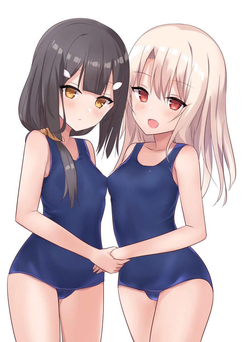 2girls absurdres asymmetrical_docking bangs bare_shoulders black_hair blue_swimsuit blush breast_press breasts closed_mouth collarbone fate/kaleid_liner_prisma_illya fate_(series) hair_ornament hair_ribbon hairclip hand_holding highres hips illyasviel_von_einzbern long_hair looking_at_viewer miyu_edelfelt multiple_girls natsu_(sinker8c) one-piece_swimsuit open_mouth red_eyes ribbon school_swimsuit side_ponytail simple_background small_breasts smile swimsuit thighs waist white_background white_hair yellow_eyes yellow_ribbon