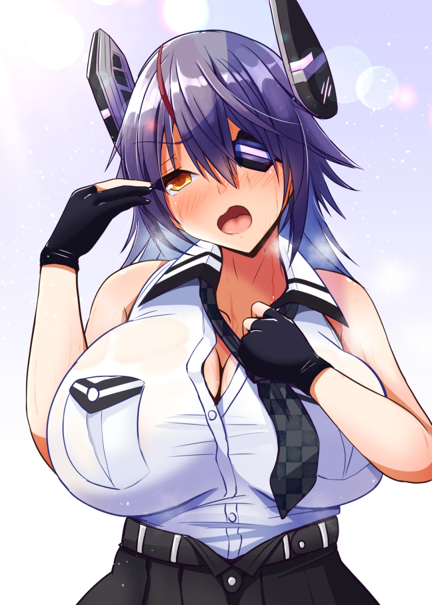 1girl black_gloves blush breasts checkered checkered_neckwear cleavage eyebrows_visible_through_hair eyepatch gloves headgear highres hot huge_breasts kantai_collection necktie okatora open_mouth partly_fingerless_gloves purple_hair remodel_(kantai_collection) see-through shiny shiny_hair shiny_skin shirt short_hair sleeveless sleeveless_shirt solo sweat taut_clothes tenryuu_(kantai_collection) wet wet_clothes white_shirt yellow_eyes