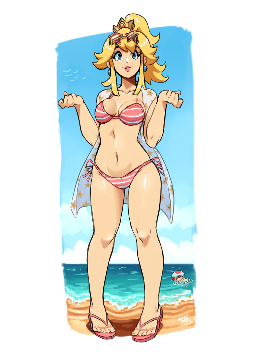 1boy 1girl absurdres beach bikini blonde_hair blue_eyes blue_sky breasts clouds crown full_body highres looking_at_viewer super_mario_bros. medium_breasts mini_crown navel nintendo ocean open_clothes outdoors pink_bikini pink_lips ponytail princess_peach sky slippers smile solo striped striped_bikini summer sunglasses super_mario_bros. swimsuit toad
