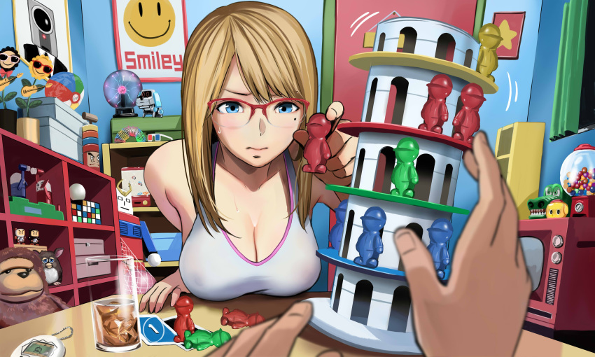 1girl absurdres bangs bare_shoulders beachball bespectacled blonde_hair blue_eyes blush bomberman bomberman_(character) breasts character_toy cleavage closed_mouth commentary_request crocodile cup curtains dog drinking_glass eyeglass figure furby furry glass glasses gorilla hanging_breasts highres ice ice_cube indoors large_breasts leaning_tower_of_pisa long_hair looking_at_viewer original oyajitchi poster puzzle red-framed_eyewear robot robotic_animal robotic_pet room rubik's_cube semi-rimless_eyewear slinky stuffed_animal stuffed_toy sweat swept_bangs table tamagotchi tamagotchi_(toy) tank_top toy urasuji_samurai white_bomberman window
