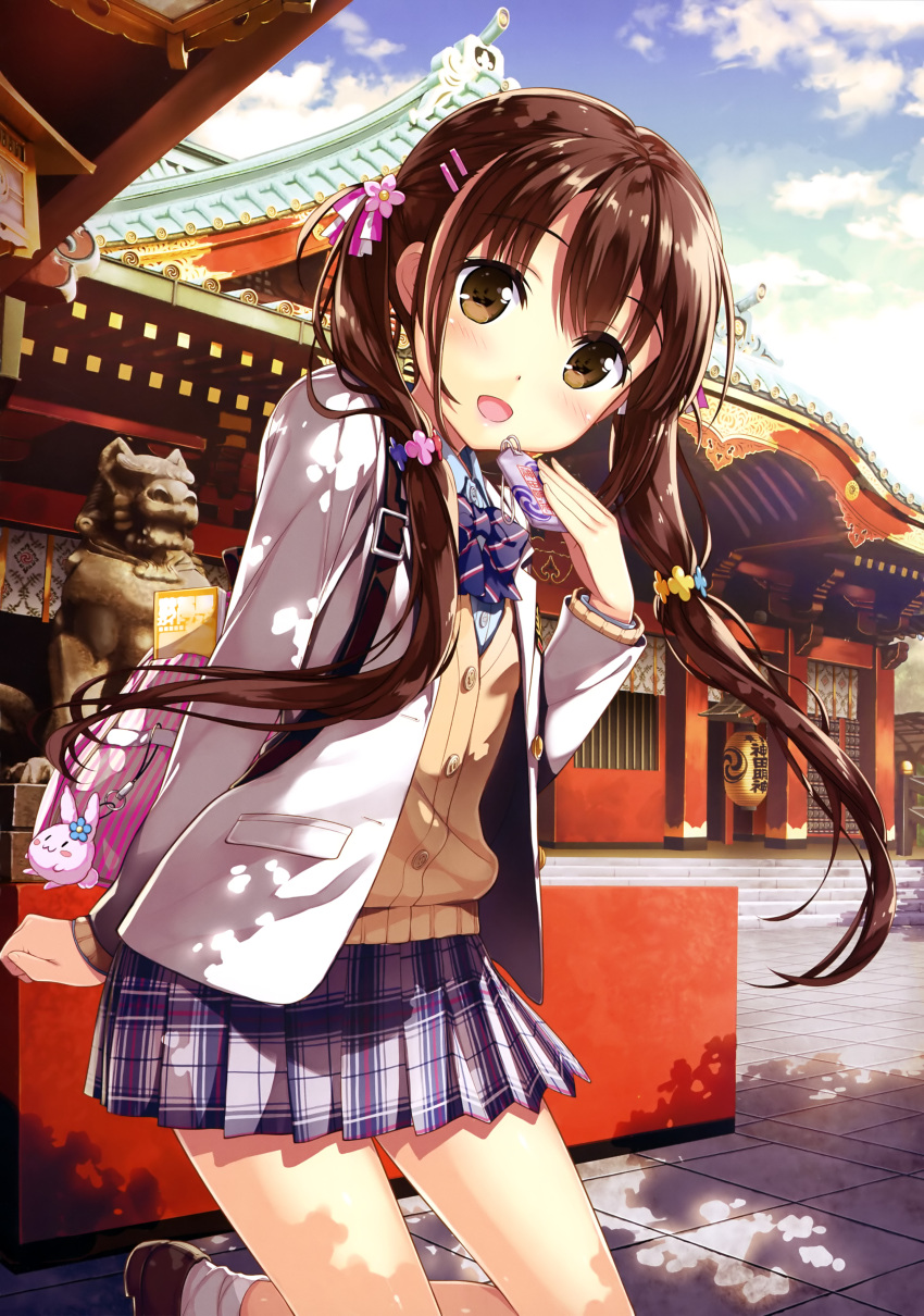 1girl :3 :d absurdres architecture backpack bag blazer blue_flower blue_neckwear blue_shirt blue_skirt blue_sky blush blush_stickers book bow bowtie breasts brown_eyes brown_footwear brown_hair brown_vest bunny_keychain clenched_hand clouds cloudy_sky collared_shirt dappled_sunlight day diagonal-striped_neckwear diagonal_stripes east_asian_architecture eyebrows_visible_through_hair flower fujima_takuya hair_between_eyes hair_flower hair_ornament hair_ribbon hairclip highres holding jacket keychain loafers long_hair looking_at_viewer miniskirt official_art open_clothes open_jacket open_mouth orange_flower original outdoors pink_flower pink_hairclip pink_lips pink_stripes plaid plaid_skirt pleated_skirt red_flower ribbon scan school_emblem school_uniform shadow shirt shoes skirt sky small_breasts smile socks solo stairs standing standing_on_one_leg statue striped sunlight sweater_vest tongue translated tree tree_shade twintails vest white_jacket white_legwear white_stripes yellow_flower