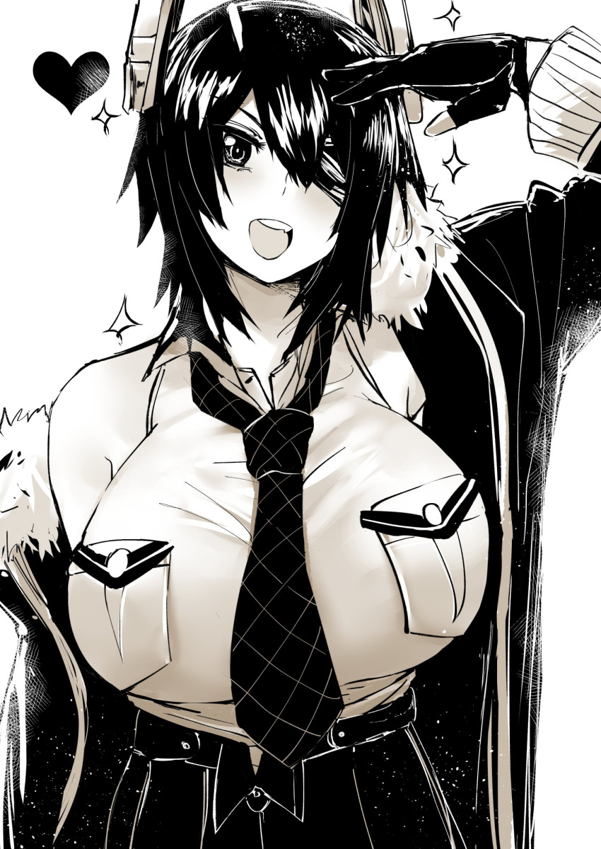 1girl bare_shoulders black_gloves black_hair breasts collared_shirt eyepatch fur_trim gloves greyscale hair_between_eyes headgear heart highres huge_breasts jacket_on_shoulders kantai_collection loose_necktie monochrome necktie norman_maggot one_eye_covered open_mouth partly_fingerless_gloves salute shirt short_hair sleeveless sleeveless_shirt tenryuu_(kantai_collection)