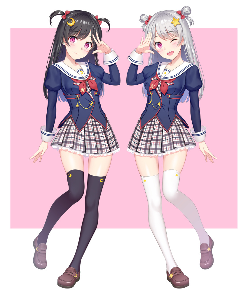 2girls bangs black_hair black_legwear blazer blush bow breasts buttons checkered checkered_skirt closed_mouth collarbone commentary_request crescent crescent_hair_ornament crescent_moon_print detached_sleeves eyebrows_visible_through_hair full_body hair_bow hair_ornament highres jacket lips loafers long_hair long_sleeves looking_at_viewer medium_breasts moon_(ornament) moon_print multiple_girls one_eye_closed open_mouth original pleated_skirt puffy_sleeves sailor_collar school_uniform serafuku shimashima08123 shiny shiny_hair shoes silver_hair simple_background skirt smile star star_hair_ornament star_print thigh-highs violet_eyes white_legwear zettai_ryouiki