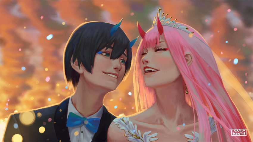 1boy 1girl bangs black_hair black_suit blue_horns blue_neckwear bridal_veil carlo_montie closed_eyes collarbone commentary couple darling_in_the_franxx earrings english_commentary fangs formal green_eyes hetero highres hiro_(darling_in_the_franxx) horns jewelry long_hair oni_horns pink_hair red_horns shirt short_hair signature suit tiara veil white_shirt zero_two_(darling_in_the_franxx)