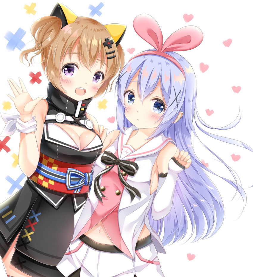 2girls :&lt; :d a.i._channel bare_shoulders black_dress blue_eyes blue_hair blush breasts cleavage cleavage_cutout commentary_request cosplay detached_sleeves dress dutch_angle fingernails gochuumon_wa_usagi_desu_ka? hair_ornament hair_ribbon hairclip hand_up hands_up heart highres hoto_cocoa inahori kafuu_chino kaguya_luna kaguya_luna_(character) kaguya_luna_(character)_(cosplay) kizuna_ai kizuna_ai_(cosplay) light_brown_hair long_hair long_sleeves medium_breasts multiple_girls navel obi open_mouth parted_lips pink_ribbon pleated_skirt ribbon sash shirt short_hair skirt sleeveless sleeveless_dress sleeveless_shirt sleeves_past_wrists smile triangle_mouth twintails very_long_hair violet_eyes virtual_youtuber white_background white_shirt white_skirt x x_hair_ornament