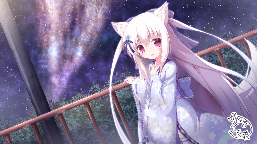 1girl :d animal_ears bell blush bow commentary_request floral_print fox_ears fox_girl fox_tail hair_bell hair_bow hair_ornament hand_up highres japanese_clothes jingle_bell kimono komiya_shirone lips long_hair long_sleeves night night_sky open_mouth original outdoors print_kimono purple_bow purple_kimono railing red_eyes ribbon-trimmed_sleeves ribbon_trim signature silver_hair sky sleeves_past_wrists smile snowflake_hair_ornament solo star_(sky) starry_sky tail thigh-highs two_side_up very_long_hair white_legwear wide_sleeves