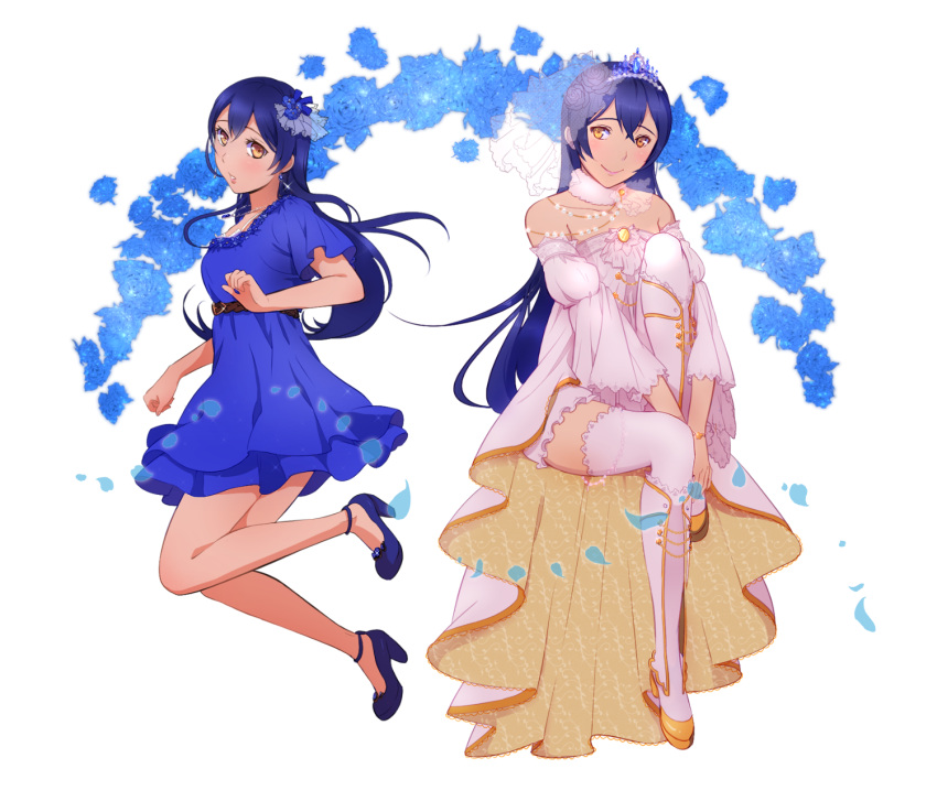 1girl bangs blue_dress blue_hair blush commentary_request detached_sleeves dress earrings floating full_body highres jewelry long_hair looking_at_viewer love_live! love_live!_school_idol_festival love_live!_school_idol_project multiple_persona open_mouth smile solo sonoda_umi strapless strapless_dress thigh-highs tiara udo_(zzinya) veil wedding wedding_dress white_footwear white_legwear yellow_eyes