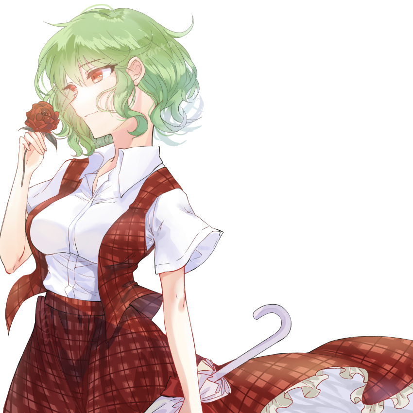 1girl absurdres arm_at_side arm_up breasts closed_umbrella cowboy_shot eyebrows_visible_through_hair facing_away flower green_eyes hair_between_eyes highres holding holding_flower holding_umbrella kanta_(pixiv9296614) kazami_yuuka large_breasts looking_to_the_side open_clothes open_vest petticoat plaid plaid_skirt plaid_vest red_eyes red_flower red_rose rose shirt short_hair short_sleeves simple_background skirt smile solo thick_eyebrows touhou umbrella vest white_background white_shirt wing_collar