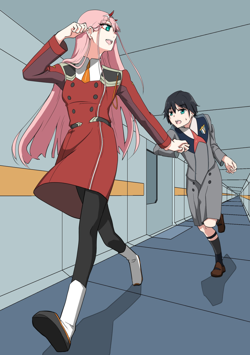 1boy 1girl absurdres bangs black_hair black_legwear blue_eyes boots brown_footwear commentary_request couple darling_in_the_franxx eyebrows_visible_through_hair green_eyes hair_ornament hairband hamita1220 hand_holding hetero highres hiro_(darling_in_the_franxx) horns long_hair long_sleeves looking_at_another looking_back military military_uniform necktie oni_horns open_mouth orange_neckwear pantyhose pink_hair red_horns red_neckwear shoes short_hair socks sweatdrop uniform white_footwear white_hairband zero_two_(darling_in_the_franxx)