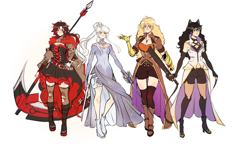 4girls absurdres alternate_costume alternate_hairstyle animal_ears black_hair black_scarf blake_belladonna blonde_hair blue_eyes breasts cape cat_ears cleavage cleaver cloak crescent_rose earrings ember_celica_(rwby) fingerless_gloves flower full_body gambol_shroud gauntlets gloves grey_eyes gun handgun highres holding holding_weapon hood hooded_cloak jewelry kama_(weapon) katana kusarigama large_breasts long_hair long_sleeves magic_circle multicolored_hair multiple_girls myrtenaster necklace older orange_scarf petals pistol ponytail pricklyalpaca prosthesis prosthetic_arm rapier red_cape redhead ribbon rose rose_petals ruby_rose rwby scar scar_across_eye scarf scythe shotgun sickle side_ponytail sword two-tone_hair vambraces very_long_hair vest violet_eyes waist_cape wavy_hair weapon weiss_schnee white_background white_hair wide_sleeves yang_xiao_long yellow_eyes