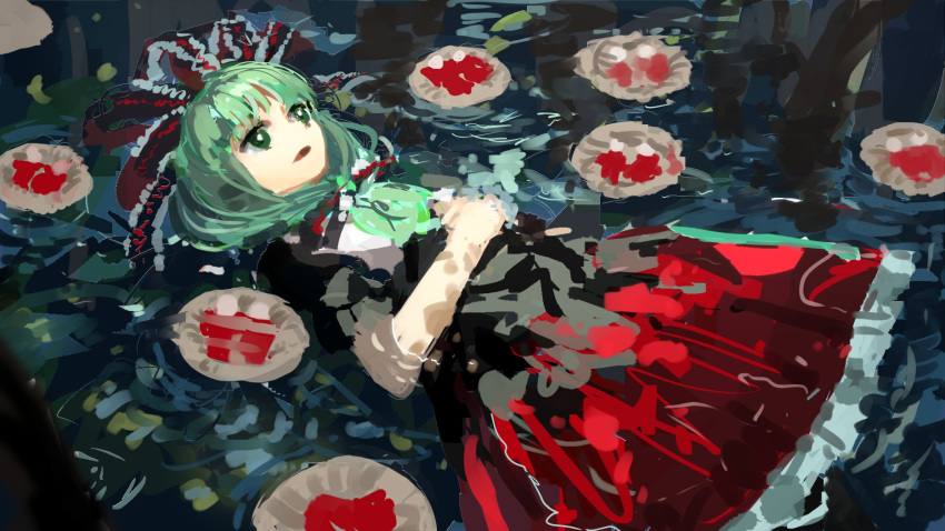 1girl bangs bare_arms dress front_ponytail green_eyes green_hair hair_ribbon hands_together highres kagiyama_hina long_hair open_mouth partially_submerged red_ribbon ribbon solo suna_(s73d) touhou water