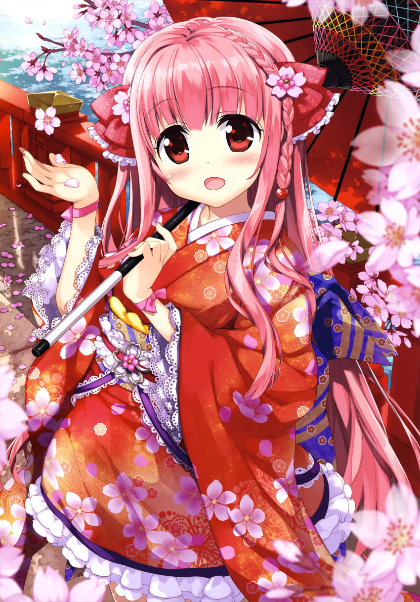 1girl :d absurdres blue_sash blush bow braid bridge cherry_blossoms copyright_request day diagonal-striped_sash diagonal_stripes eyebrows_visible_through_hair eyes_visible_through_hair floral_print flower frilled_bow frilled_kimono frills fujima_takuya hair_bow hair_flower hair_ornament highres holding holding_umbrella japanese_clothes kimono looking_at_viewer obi official_art open_mouth outdoors pink_flower pink_hair pink_ribbon print_bow print_kimono print_sash red_bow red_eyes red_kimono red_umbrella ribbon sash scan single_braid smile solo standing striped striped_sash tongue umbrella water white_frills wrist_ribbon