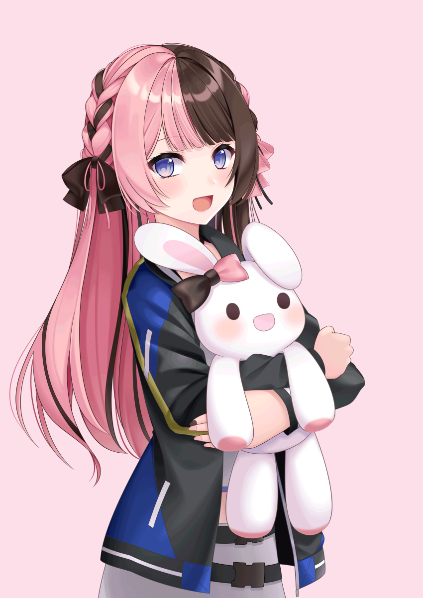 1girl absurdres black_hair blue_eyes brysinggamen highres iris_black_games jewelry looking_at_viewer multicolored_hair open_mouth pink_hair ribbon solo stuffed_animal stuffed_bunny stuffed_toy tachibana_hinano_(vtuber) two-tone_hair virtual_youtuber